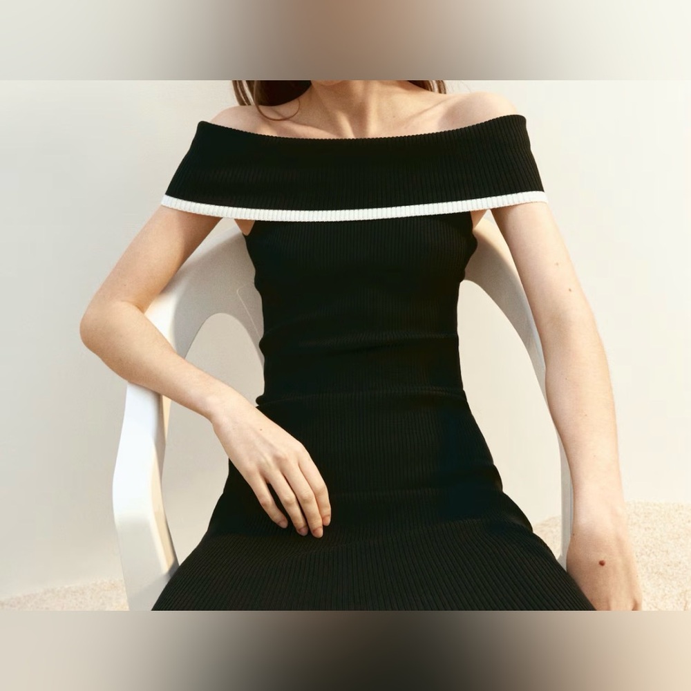 NWT H&M Divided Black Maxi Ribbed Off The Shoulder Sweater Dress Sz S - Picture 4 of 6